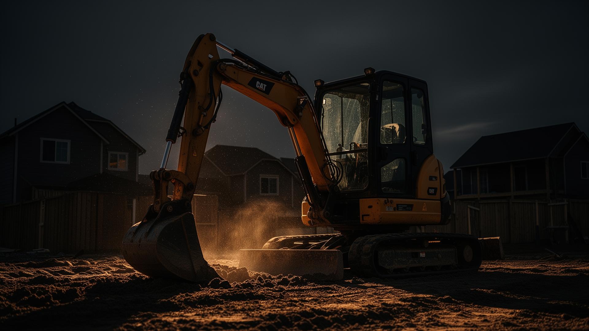 Mini excavator working on a residential earthmoving job at dusk